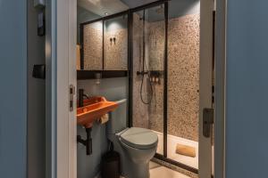 里斯本Independente Bica的一间带水槽、卫生间和淋浴的浴室