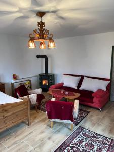 Chalupa Františkov的客厅设有红色的沙发和壁炉