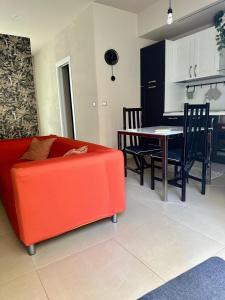 阿斯蒂Piccolo Loft in centro Asti的客厅配有红色的沙发和桌子