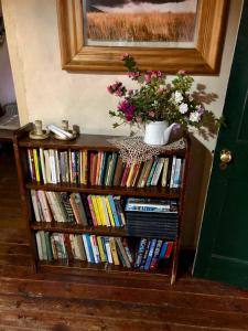 豪格斯拜克Back o' the Moon Holiday cottage的书架上装满了书,花瓶上装满了鲜花
