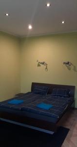 斯伽尔达布鲁维瑞中心假日公园的一间卧室配有一张蓝色床单,墙上有2只鸟
