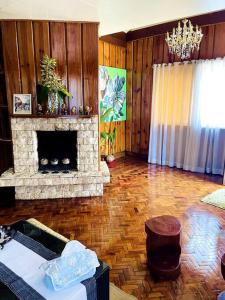 碧瑶Melia's House Baguio - Nature Home for Rent的客厅设有壁炉和木墙