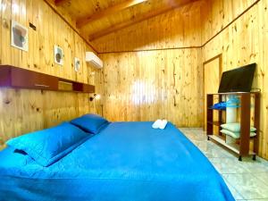伊瓜苏港Blusky Lodge的一间卧室设有蓝色的床和木墙