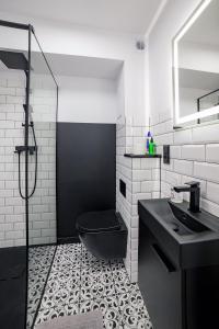 瓦尔米亚地区利兹巴克Apartament Alpaka 2的浴室设有黑色的卫生间和水槽。