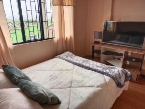 阿基塔尼亚Casa Rural Zaba Lago de Tota的一间卧室设有一张床、一台电视和一个窗口。
