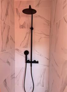 Putot-en-AugeBelle Chambre Double ORANGE Tout Bonnement Bien的带淋浴的浴室(带大理石墙壁)