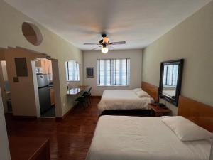 迈阿密海滩舍布鲁克全套房酒店 的一间卧室配有两张床和吊扇