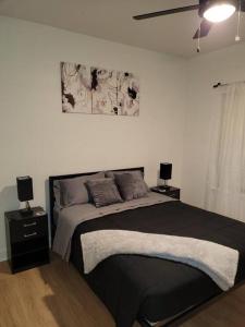 夏洛特South Charlotte’s Cozy & Modern的一间卧室配有一张带2个床头柜的大床