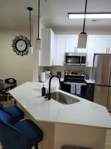 夏洛特South Charlotte’s Cozy & Modern的厨房配有水槽和炉灶 顶部烤箱