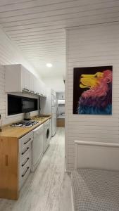 阿拉尼亚Tiny House Sitesi的厨房配有白色橱柜,墙上挂有绘画作品