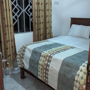 阿鲁沙Mufasa city Hostel and Apartments的一间卧室配有一张床铺,床上有毯子
