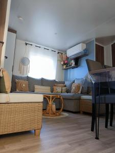 雷日卡普费雷mobil-home neuf 4-6 places camping Siblu les viviers的客厅配有沙发和桌子