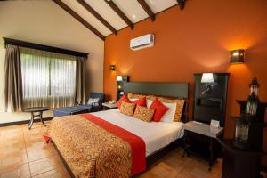福尔图纳阿雷纳尔温泉度假村酒店的一间卧室配有一张带橙色墙壁的大床