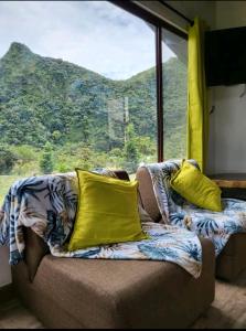 圣卡洛斯Pika Cabins 1的靠窗前的沙发,配有黄色枕头