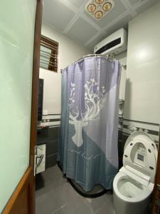 三岛县Tiny home 小角落的浴室设有卫生间和树形淋浴帘