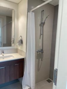 迪拜Emaar South - Two Bedroom Apartment with Pool and Golf Course View的带淋浴和盥洗盆的浴室