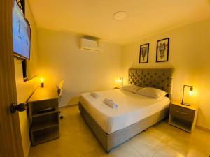 科韦尼亚斯Apartamento Exclusivo - Caribe Campestre Coveñas的一间卧室配有一张大床和一台平面电视