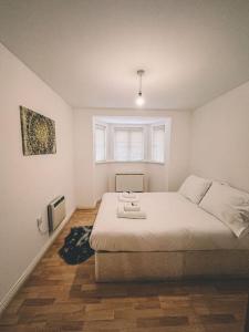 牛津Spacious 2 bedroom apartment in Central Oxford的一间卧室设有一张大床和一个窗户。