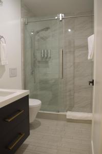 奥克兰Dimond Abode Vacation Rental #2的一间带玻璃淋浴和卫生间的浴室
