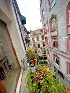 伊斯坦布尔Elegance Aparts Cihangir的拥有许多植物和建筑的阳台