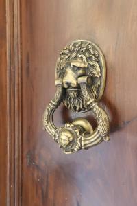 阿利坎特Dorinda Rooms的木门上带狮子头的铜门扣