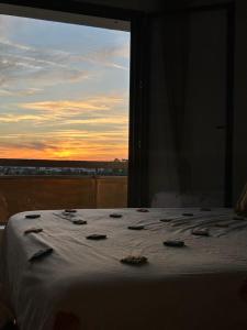 普罗旺斯艾克斯T2 tout confort climatisé de Lilou的日落美景客房的一张床位