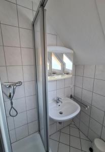 格洛米茨Bootshaus, App 3的白色的浴室设有水槽和淋浴。