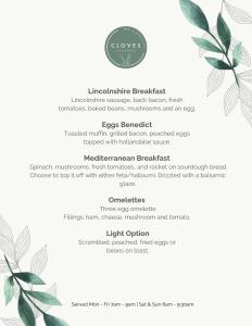 克利索普斯Cloves Boutique Bed & Breakfast的绿叶餐厅的菜单