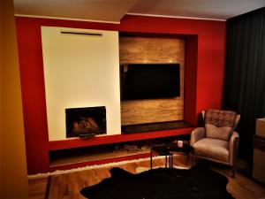 Remetea MareNETFLIX & CHILL的客厅设有壁炉和平面电视。