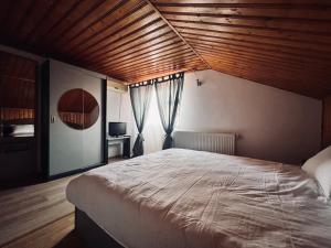 皮特什蒂Hypnotic Villa Pitesti的一间卧室设有一张带木制天花板的大床