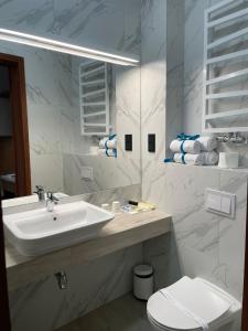 波兹南Apartamenty Browar Luxury Old Town Poznań Check In 24h的白色的浴室设有水槽和卫生间。