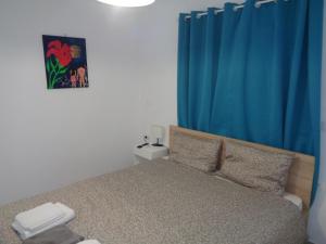 罗达La casetta的一间卧室配有一张蓝色窗帘的床