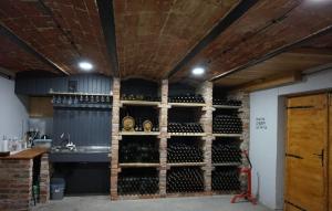 RybnaDomek na Winnicy Zagrabie的酒窖,酒窖内装有葡萄酒瓶