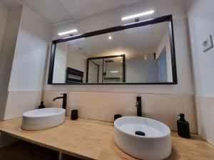 索米尔Superbe duplex La Verrière chic, cosy et spacieux的浴室设有大型白色水槽和镜子
