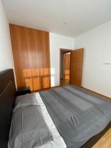 布拉加Apartamento em braga的一间卧室配有一张带木镶板的大床