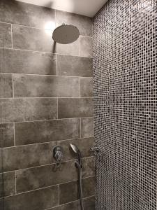 久姆里Orienta Hotel Gyumri的一间带淋浴的浴室和瓷砖墙