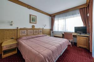 坎皮泰洛迪法萨Alpenhotel Panorama的一间卧室配有一张床、一张书桌和一台电视