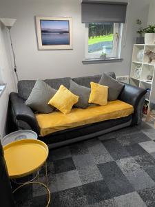 奥本Burnside的客厅里一张带黄色枕头的黑色沙发