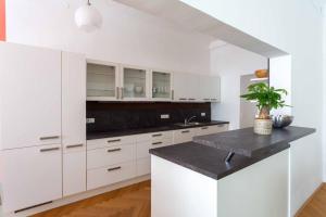 梅尔克Traumhafte Wohnung für 6 Pers.的厨房配有白色橱柜和黑色台面