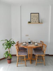 卡尔达斯·德·雷斯Campo da Torre的餐桌、两把椅子、一张桌子和一株植物