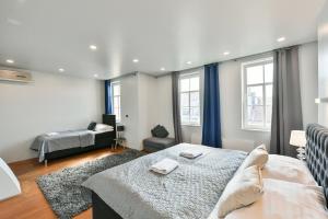 布拉格LUXURY CENTRAL DUPLEX WITH TERRACE的一间卧室配有一张床、一张沙发和窗户。