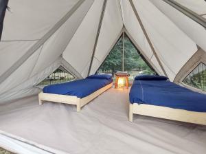 蓬特雷莫利Camping Federico Farm的帆布帐篷内的两张床和一张桌子