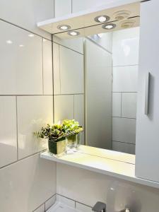 Sankt PeterApartment MILA的浴室设有镜子和架子上的花瓶