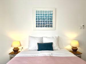 帕拉马里博Villa Famiri Boutique hotel的一间卧室配有一张带蓝色枕头的床