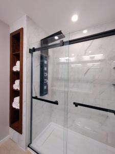 OrfordChalet Escapade Orford的浴室里设有玻璃门淋浴