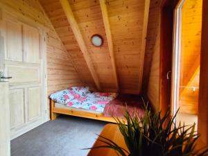 乌斯特卡Domki Letniskowe Promyk的木制客房的一张小床,设有窗户