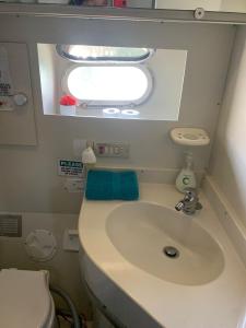 巴塞罗那Beautiful Kiwi Boat的飞机上带水槽和窗户的浴室