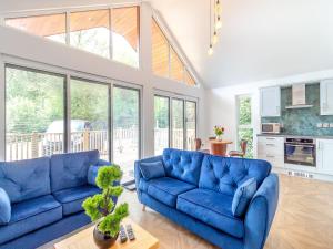 科尔福德Greenacres Cabin的客厅配有2张蓝色的沙发和1张桌子