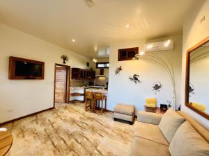 阿约拉港Lava Heron Galapagos Apartment的带沙发的客厅和厨房