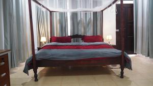 BungomaSiswi (The Nest)- The place to be.的一间卧室配有一张带红色枕头的天蓬床
